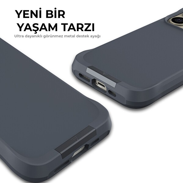 Bix iPhone 14 Pro Vortex MagSafe Kılıf Stand Özellikli 3X Korumalı Mikro Fiber İç Yüzey Gri Mavi