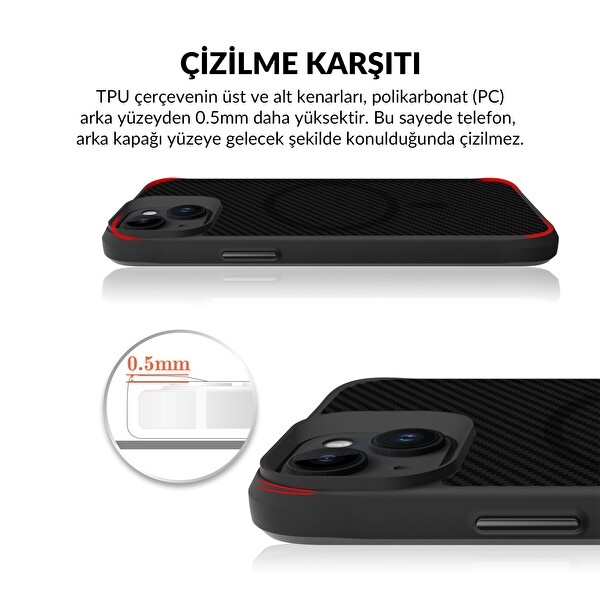 Bix iPhone 13 / 14 Carbon Fiber Force MagSafe Kılıf Anti-Şok Teknolojili Kamera ve Ekran Korumalı