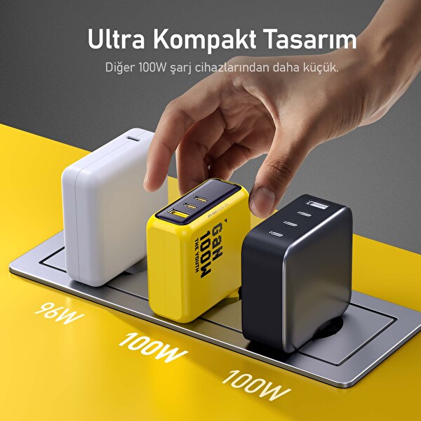 Aohi Youth 3 Portlu Şarj Adaptörü 100W Şarj Cihazı GaN Hızlı Şarj İstasyonu Sarı