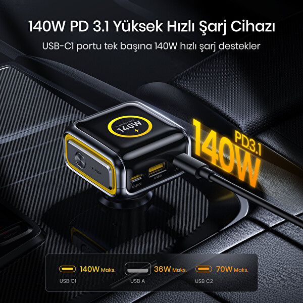 Aohi Superauto 3 Portlu Dijital Ekranlı 170W Type-C ve USB-A Girişli USB Hızlı Şarj Çakmaklık Adaptörü Siyah