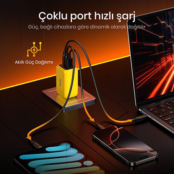 Aohi Youth 3 Portlu Şarj Adaptörü 65W Şarj Cihazı GaN Hızlı Şarj İstasyonu Sarı