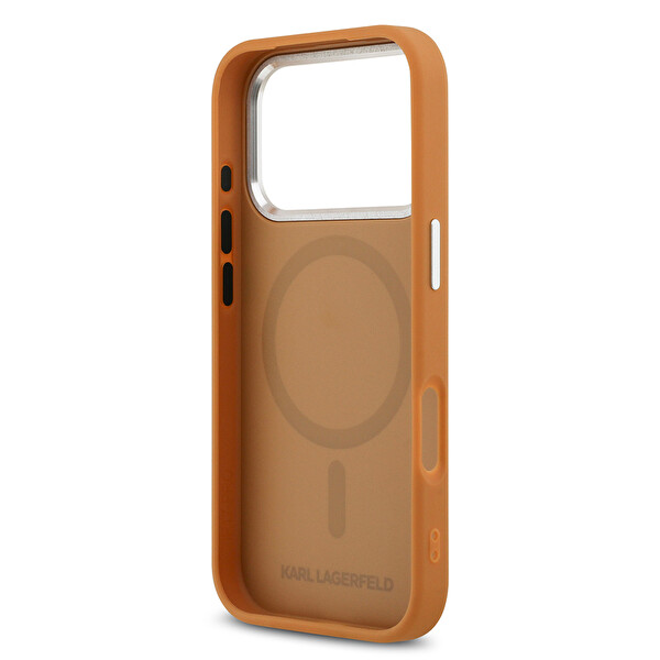 Karl Lagerfeld iPhone 17 Pro Max Kılıf Karl M-Safe Şarj Metal Kamera ve Buton Tasarımlı Paris RSG PU Deri Ka Kahverengi