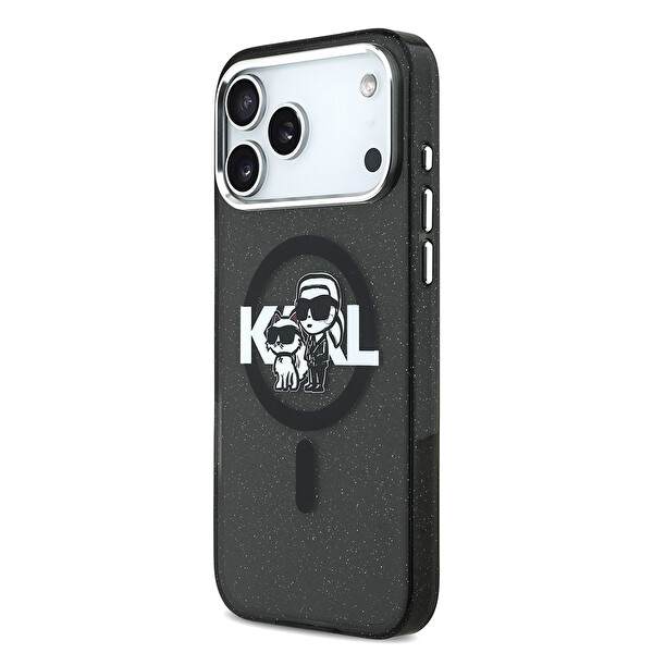 Karl Lagerfeld iPhone 17 Pro Max Kılıf Karl Lagerfeld Lisanslı Parlayan Simli Karl & Choupette Sketch Logo Kapak Siyah