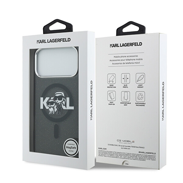 Karl Lagerfeld iPhone 17 Pro Max Kılıf Karl Lagerfeld Lisanslı Parlayan Simli Karl & Choupette Sketch Logo Kapak Siyah