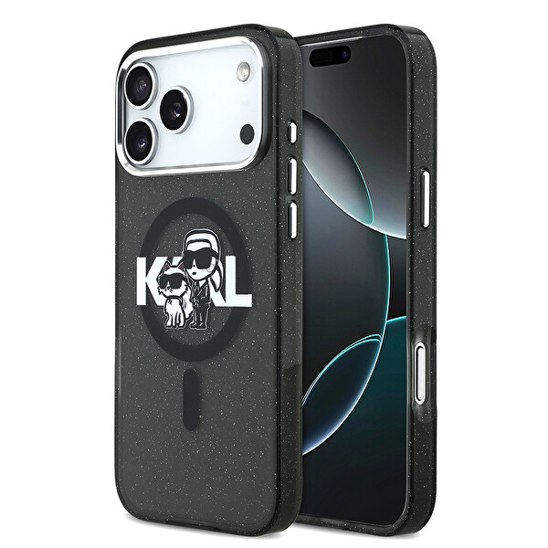 Karl Lagerfeld iPhone 17 Pro Max Kılıf Karl Lagerfeld Lisanslı Parlayan Simli Karl & Choupette Sketch Logo Kapak Siyah