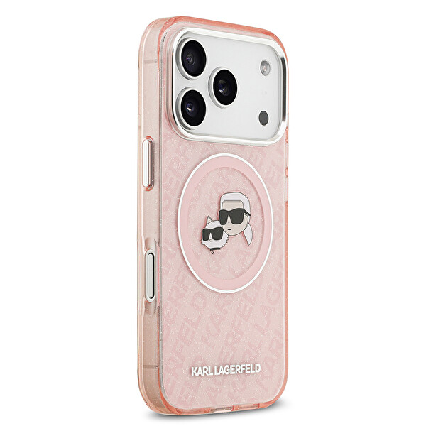 Karl Lagerfeld iPhone 17 Pro Max Kılıf Karl Lagerfeld Orjinal Lisanslı Parlayan Simli Karl & Choupette Heads Kapak Pembe