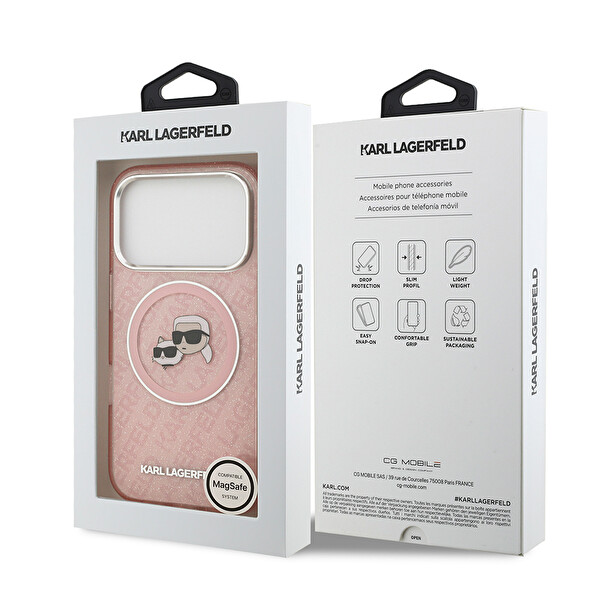 Karl Lagerfeld iPhone 17 Pro Max Kılıf Karl Lagerfeld Orjinal Lisanslı Parlayan Simli Karl & Choupette Heads Kapak Pembe