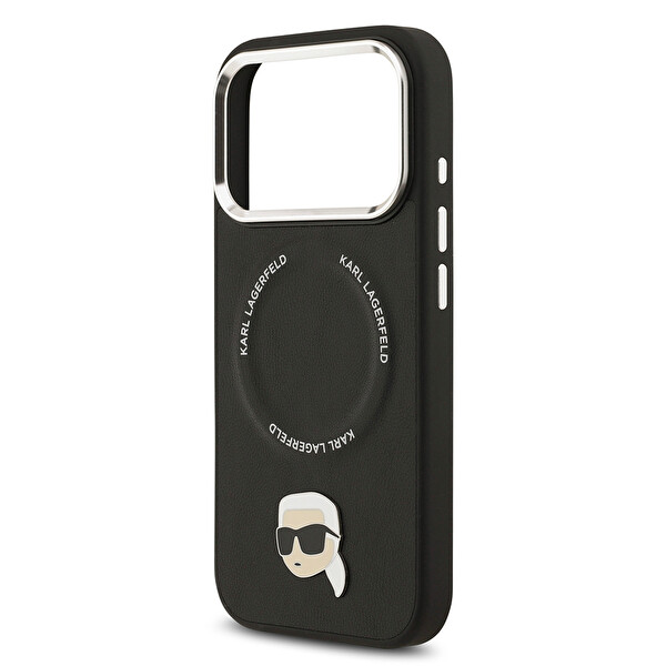 Karl Lagerfeld iPhone 17 Pro Max Kılıf Karl M-Safe Şarj Metal Kamera ve Buton Tasarımlı Karl PU Deri Kapak Siyah