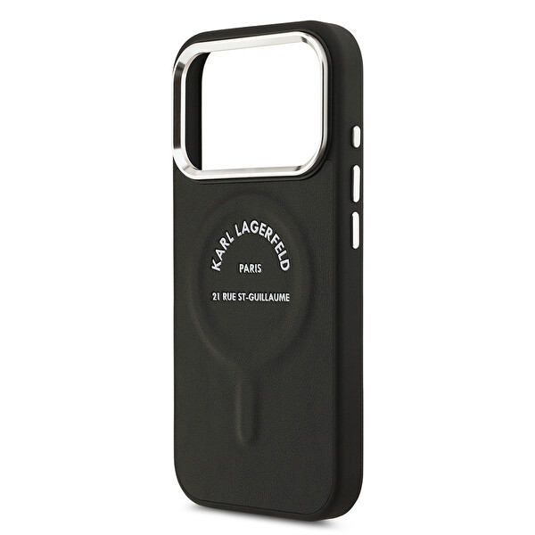Karl Lagerfeld iPhone 17 Pro Max Kılıf Karl M-Safe Şarj Metal Kamera ve Buton Tasarımlı Paris RSG PU Deri Ka Siyah