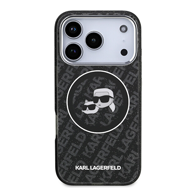 Karl Lagerfeld iPhone 17 Pro Max Kılıf Karl Lagerfeld Lisanslı Parlayan Simli Karl & Choupette Heads Kapak Siyah