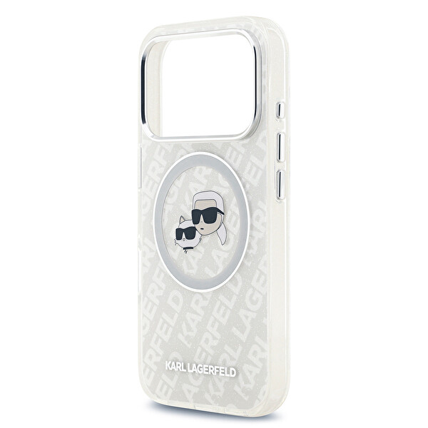 Karl Lagerfeld iPhone 17 Pro Max Kılıf Karl Lagerfeld Orjinal Lisanslı Parlayan Simli Karl & Choupette Heads Kapak Gri