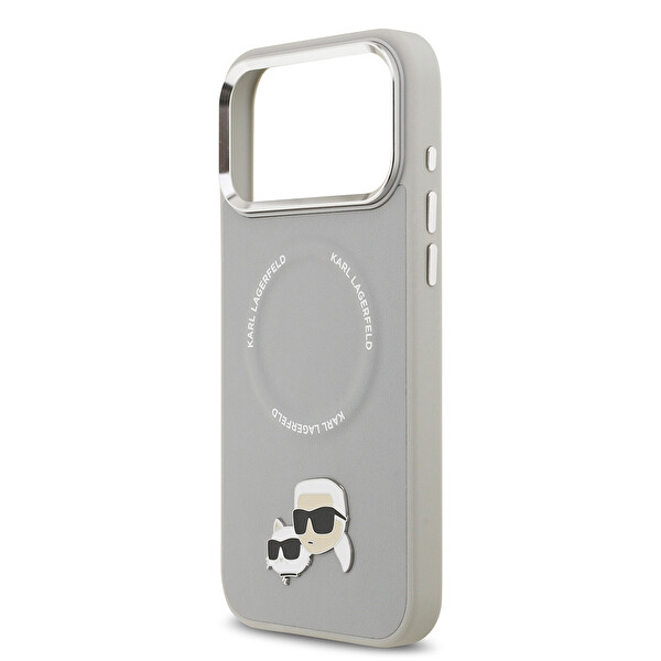 Karl Lagerfeld iPhone 17 Pro Max Kılıf Karl M-Safe Şarj Metal Kamera ve Buton Tasarımlı K&C PU Deri Kapak Gri