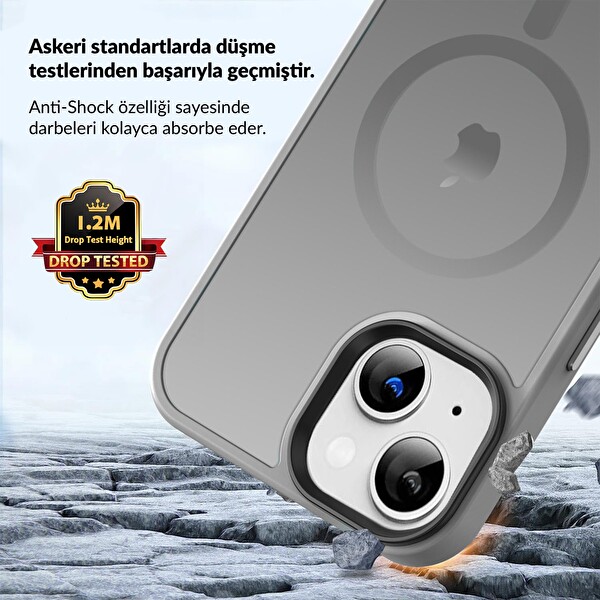 Bix iPhone 16 Plus MagSafe Uyumlu Kılıf Tam Koruma Manyetik Darbe Emici Gri