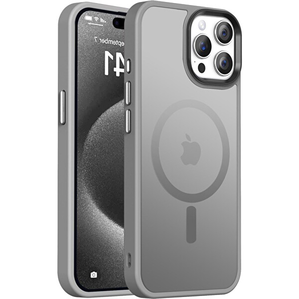 Bix iPhone 13 Pro Max MagSafe Uyumlu Kılıf Tam Koruma Manyetik Darbe Emici Gri