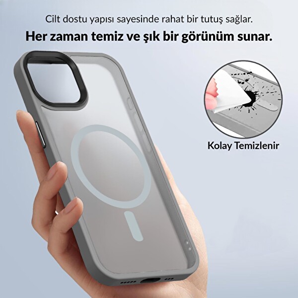 Bix iPhone 13 Pro Max MagSafe Uyumlu Kılıf Tam Koruma Manyetik Darbe Emici Gri