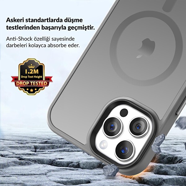Bix iPhone 13 Pro Max MagSafe Uyumlu Kılıf Tam Koruma Manyetik Darbe Emici Gri