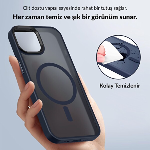 Bix iPhone 13 / 14 MagSafe Uyumlu Kılıf Tam Koruma Manyetik Darbe Emici Gece Mavisi