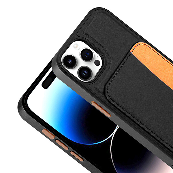 Başkenttekno iPhone 15 Pro Max Uyumlu Kartlıklı Süni Deri X-Kart Cüzdan Silikon Kapak