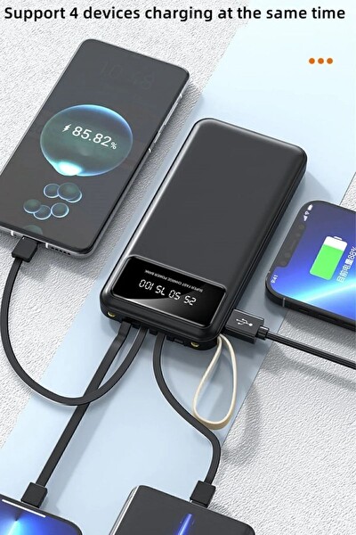 Başkenttekno Digital Göstergeli 4 Çıkışlı Fenerli Standlı 20.000 Mah Powerbank Siyah