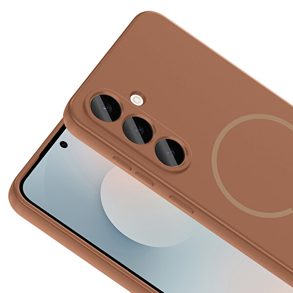 Başkenttekno Samsung Galaxy S25 FE Meta Lansman M-Safe Kamera Korumalı İçi Kadife Yumuşak Renkli Süet Silikon Kahverengi