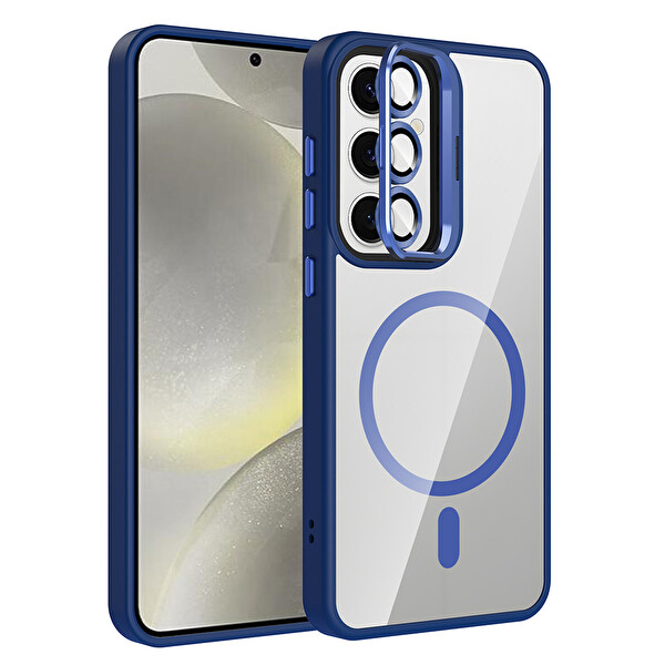 Başkenttekno Samsung Galaxy S25 FE Kılıf Standlı ve Kamera Lens Hediyeli M-Safe Şarj Özellikli Etro Kapak Lacivert