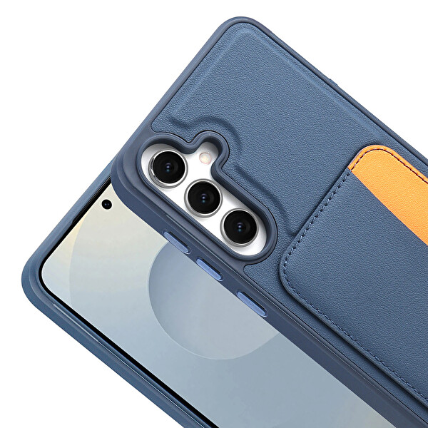 Başkenttekno Samsung Galaxy S25 FE Uyumlu Kartlıklı Süni Deri X-Kart Cüzdan Silikon Kapak Lacivert