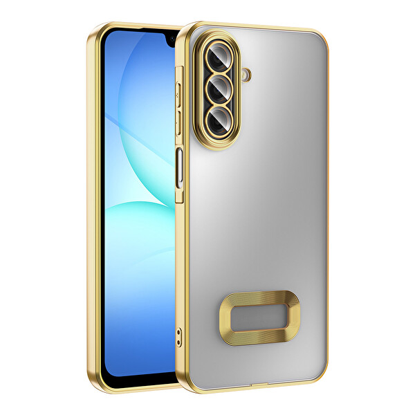 Başkenttekno Samsung Galaxy A17 Kılıf Logo Gösteren Parlak Kenarlı Kamera Lens Korumalı Şeffaf Omega Silikon Kapak