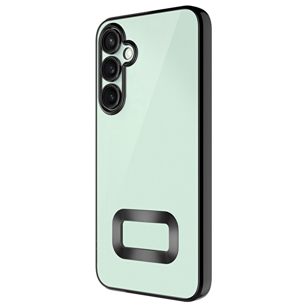 Başkenttekno Samsung Galaxy S25 FE Logo Gösteren Parlak Kenarlı Kamera Lens Korumalı Şeffaf Omega Silikon Kapak Siyah