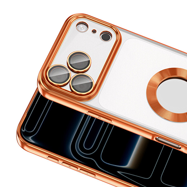 Başkenttekno iPhone 17 Pro Max Logo Gösteren Parlak Kenarlı Kamera Lens Korumalı Şeffaf Omega Silikon Kapak Turuncu