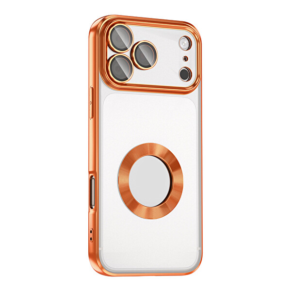 Başkenttekno iPhone 17 Pro Max Logo Gösteren Parlak Kenarlı Kamera Lens Korumalı Şeffaf Omega Silikon Kapak Turuncu
