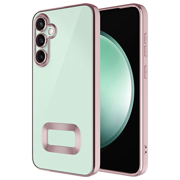 Başkenttekno Samsung Galaxy S25 FE Kılıf Logo Gösteren Parlak Kenarlı Kamera Lens Korumalı Şeffaf Omega Silikon Kapak