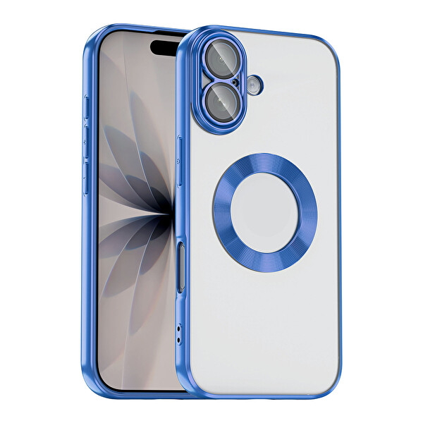 Başkenttekno iPhone 17 Kılıf Logo Gösteren Parlak Kenarlı Kamera Lens Korumalı Şeffaf Omega Silikon Kapak Mavi