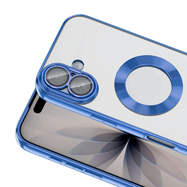 Başkenttekno iPhone 17 Kılıf Logo Gösteren Parlak Kenarlı Kamera Lens Korumalı Şeffaf Omega Silikon Kapak Mavi