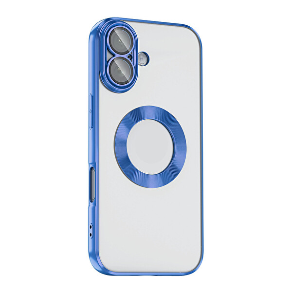 Başkenttekno iPhone 17 Kılıf Logo Gösteren Parlak Kenarlı Kamera Lens Korumalı Şeffaf Omega Silikon Kapak Mavi