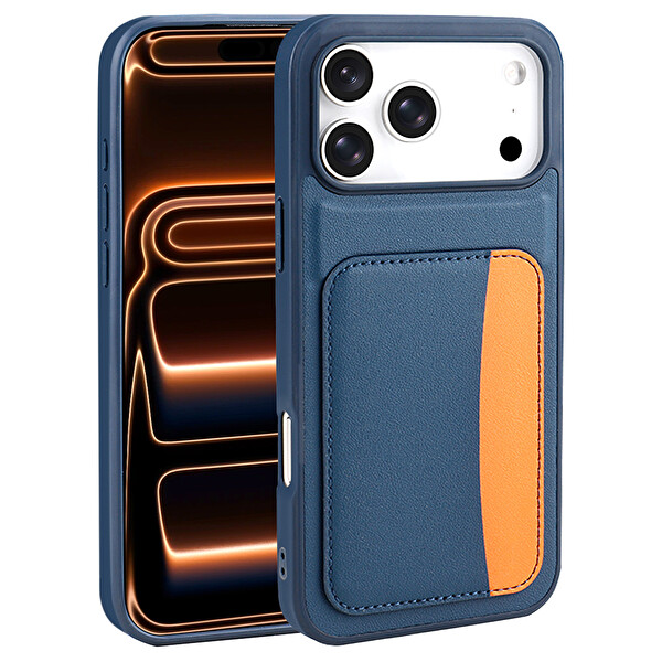 Başkenttekno iPhone 17 Pro Uyumlu Kartlıklı Süni Deri X-Kart Cüzdan Silikon Kapak Lacivert