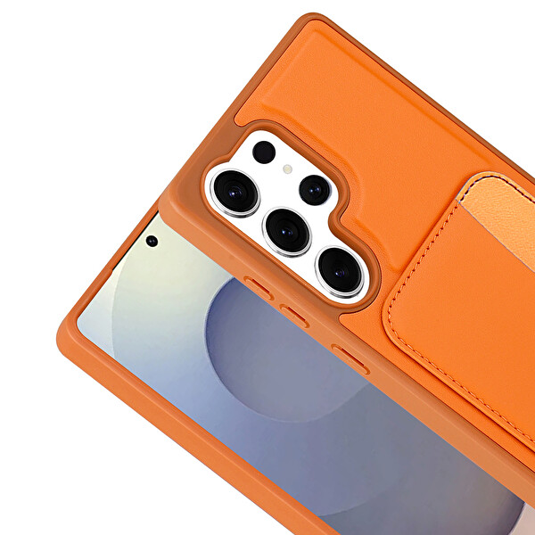 Başkenttekno Samsung Galaxy S24 Ultra Uyumlu Kartlıklı Süni Deri X-Kart Cüzdan Silikon Kapak Turuncu