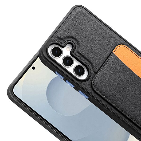 Başkenttekno Samsung Galaxy A36 Uyumlu Kartlıklı Süni Deri X-Kart Cüzdan Silikon Kapak Siyah