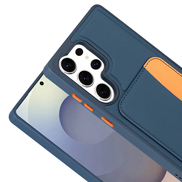 Başkenttekno Samsung Galaxy S25 Ultra Uyumlu Kartlıklı Süni Deri X-Kart Cüzdan Silikon Kapak Lacivert