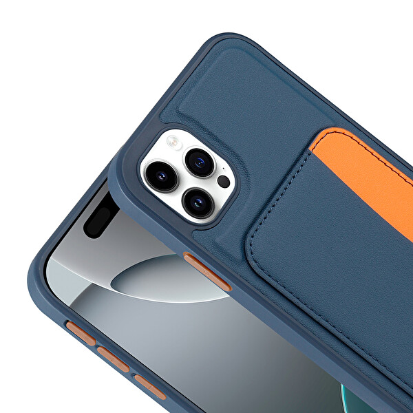Başkenttekno iPhone 11 Uyumlu Kartlıklı Süni Deri X-Kart Cüzdan Silikon Kapak Lacivert