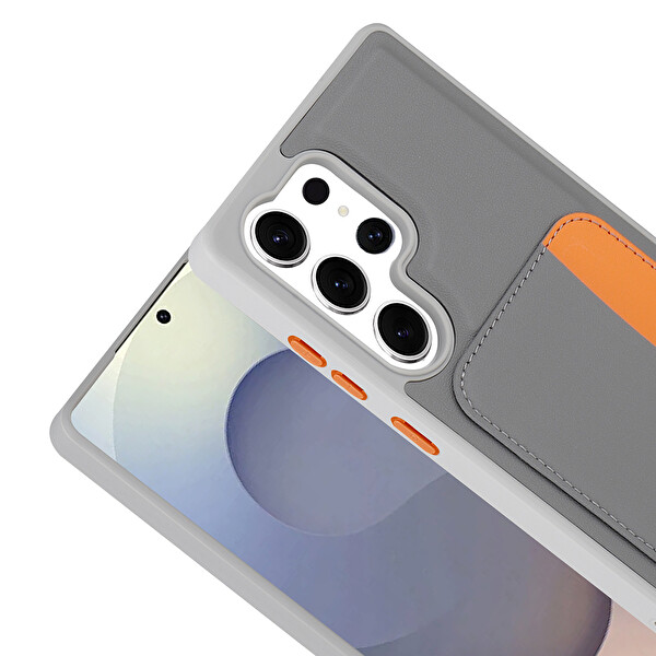 Başkenttekno Samsung Galaxy S24 Ultra Uyumlu Kartlıklı Süni Deri X-Kart Cüzdan Silikon Kapak Koyu Gri