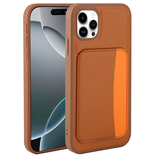 Başkenttekno iPhone 11 Uyumlu Kartlıklı Süni Deri X-Kart Cüzdan Silikon Kapak Kahverengi