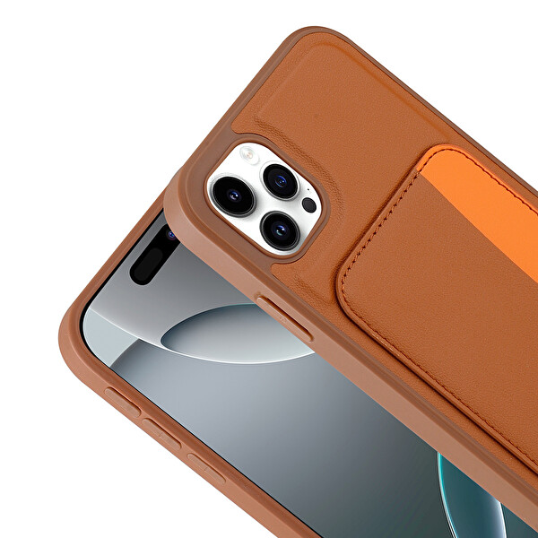 Başkenttekno iPhone 11 Uyumlu Kartlıklı Süni Deri X-Kart Cüzdan Silikon Kapak Kahverengi