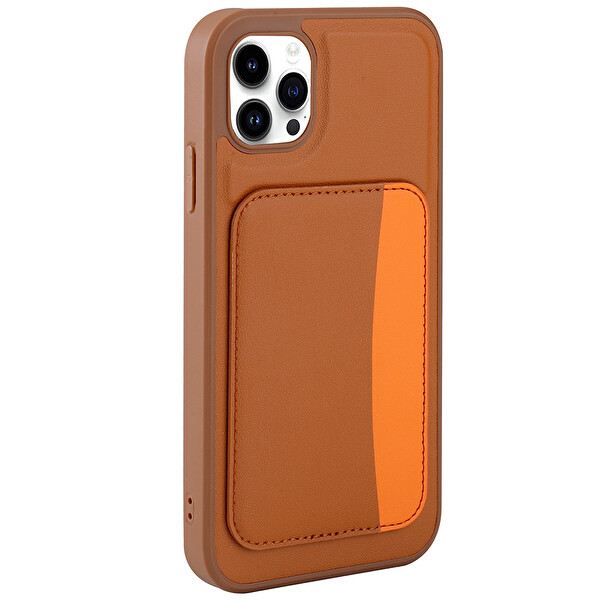 Başkenttekno iPhone 11 Uyumlu Kartlıklı Süni Deri X-Kart Cüzdan Silikon Kapak Kahverengi