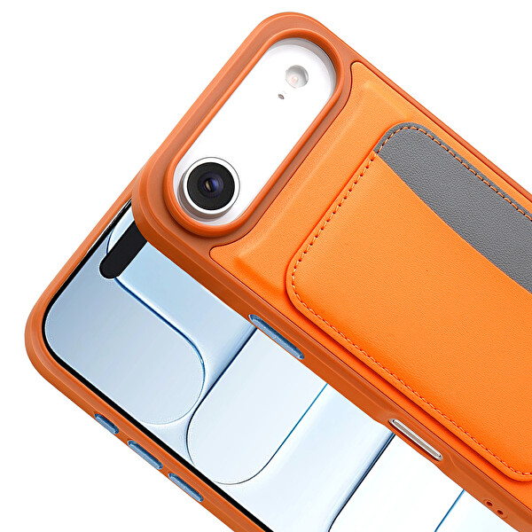 Başkenttekno iPhone 17 Air Uyumlu Kılıf Kartlıklı Süni Deri X-Kart Cüzdan Silikon Kapak Turuncu