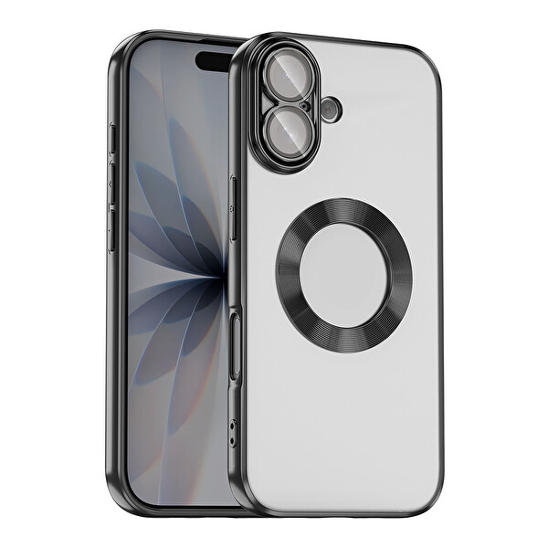 Başkenttekno iPhone 17 Kılıf Logo Gösteren Parlak Kenarlı Kamera Lens Korumalı Şeffaf Omega Silikon Kapak Siyah