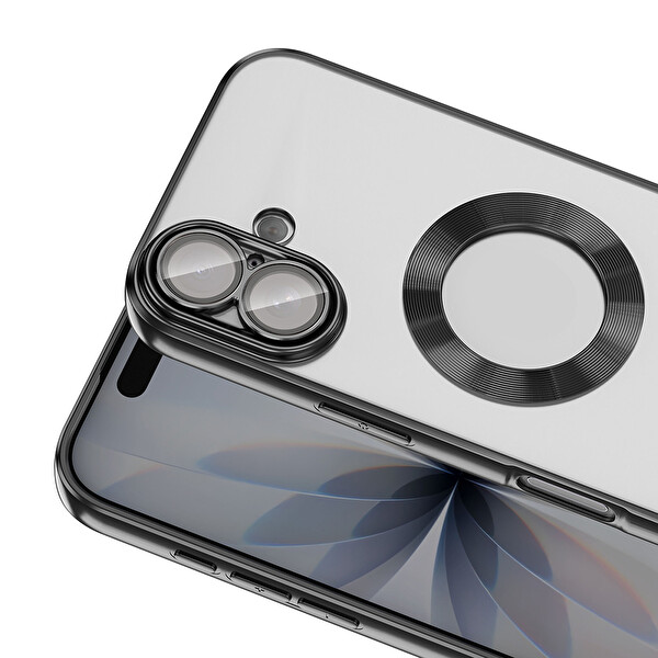 Başkenttekno iPhone 17 Kılıf Logo Gösteren Parlak Kenarlı Kamera Lens Korumalı Şeffaf Omega Silikon Kapak Siyah