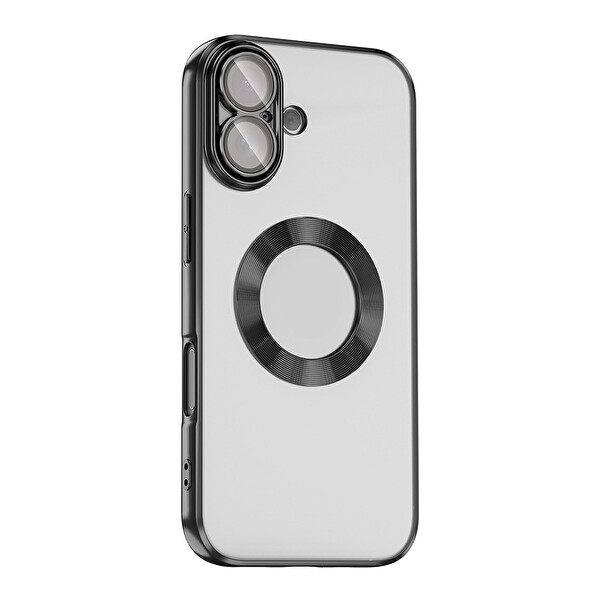 Başkenttekno iPhone 17 Kılıf Logo Gösteren Parlak Kenarlı Kamera Lens Korumalı Şeffaf Omega Silikon Kapak Siyah