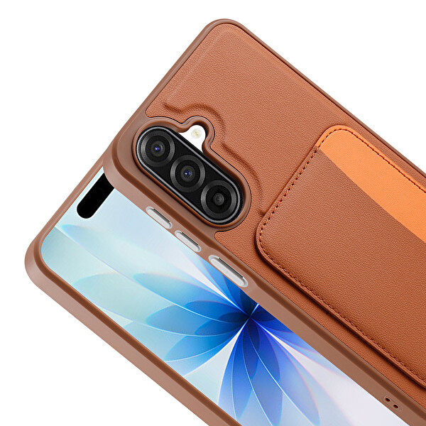 Başkenttekno Samsung Galaxy A17 Uyumlu Kartlıklı Süni Deri X-Kart Cüzdan Silikon Kapak Kahverengi