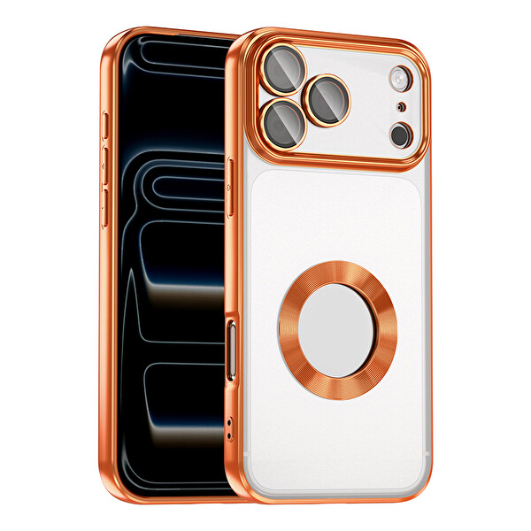 Başkenttekno iPhone 17 Pro Kılıf Logo Gösteren Parlak Kenarlı Kamera Lens Korumalı Şeffaf Omega Silikon Kapak Turuncu
