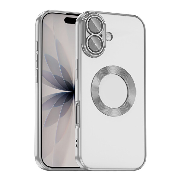 Başkenttekno iPhone 17 Kılıf Logo Gösteren Parlak Kenarlı Kamera Lens Korumalı Şeffaf Omega Silikon Kapak Gümüş